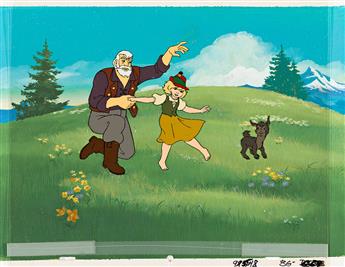 HANNA BARBERA / PAUL JULIAN Heidi, Grandfather, and Spritz the Goat Animation Cel and Background Setup.